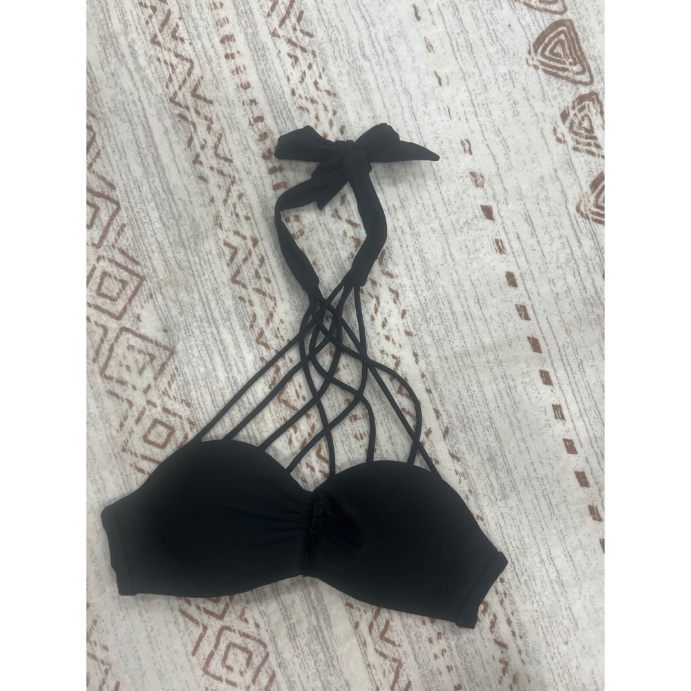 Rue Bleu by Rue21 Black Strappy Cage Halter Bikini Top Gold Clasp Back‎ Small